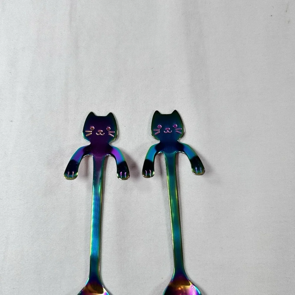 Stainless Steel Coffee Spoon Purple Blue Lovely Cute Cat Shape Teaspoon Dessert